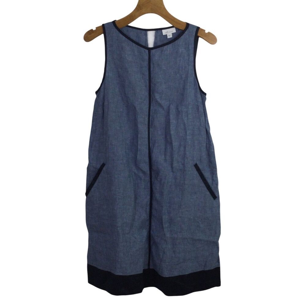 J. Jill Women's Seamed Love Linen Dress V-Neck Pullover Sleeveless Blue Size S